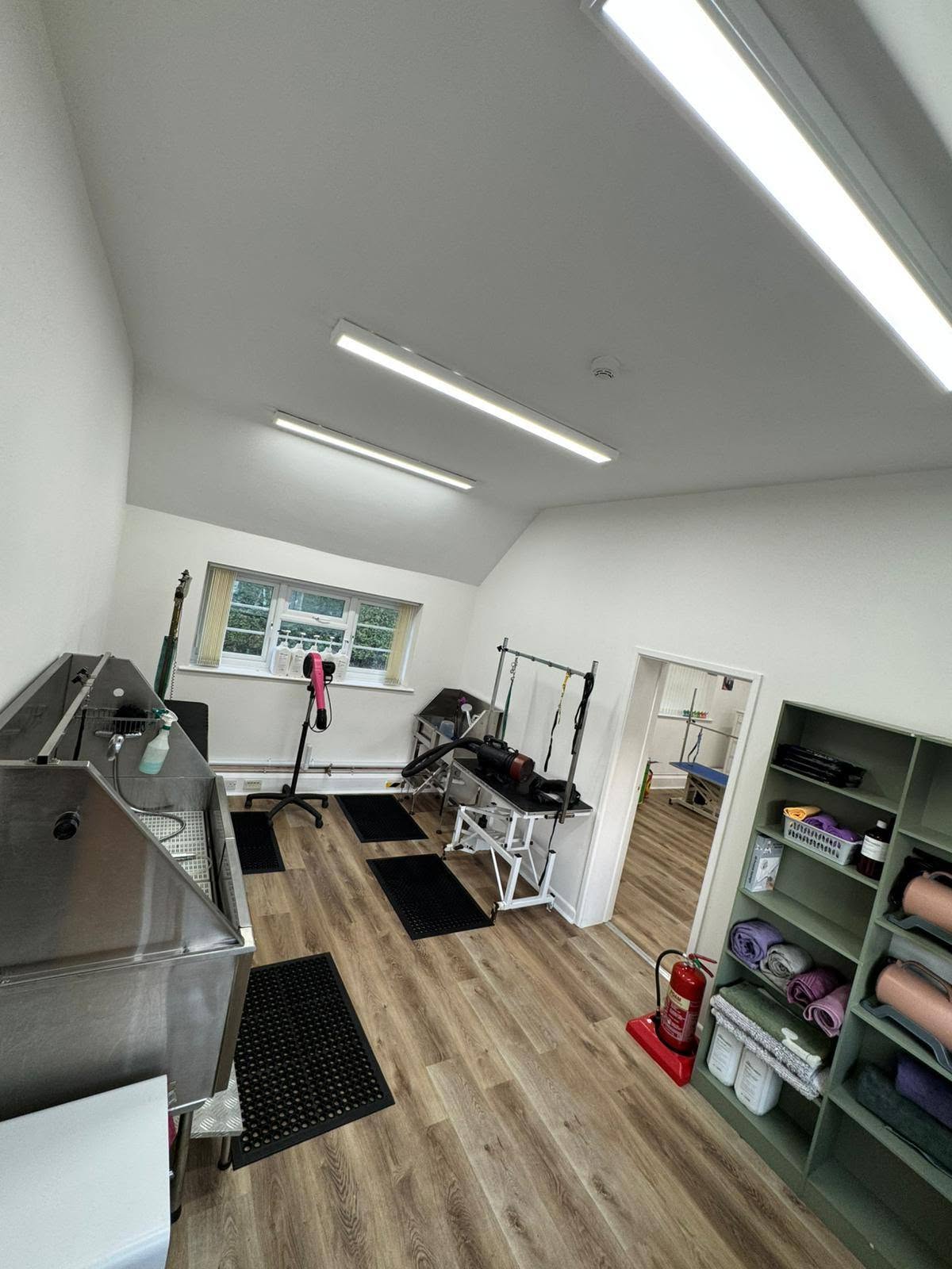 Wide view of the salon with a stainless steel bath, grooming tables and shelving